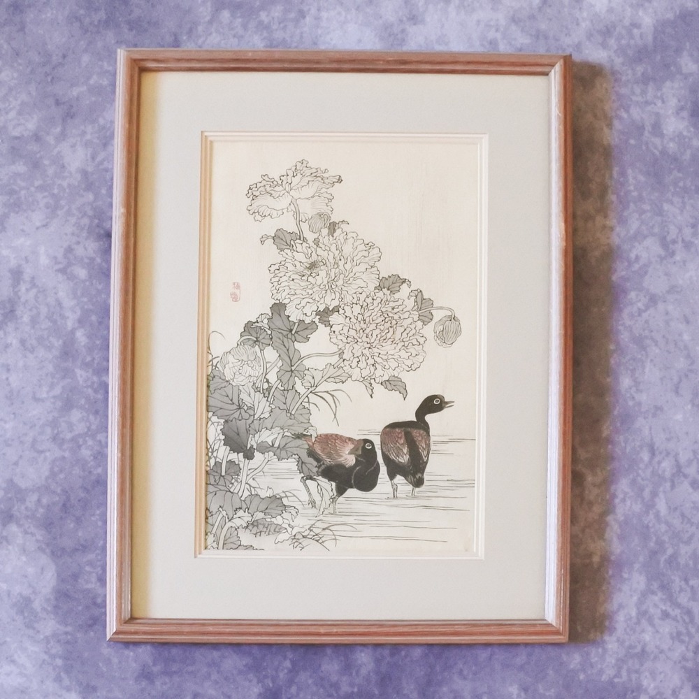 Antique 1880s Japanese Bairei Kono Meiji Birds & Flowers Framed Woodblock Print